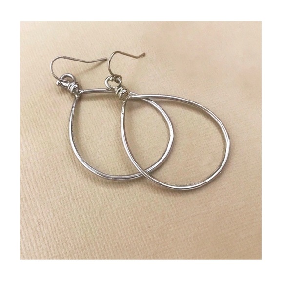 Silver Teardrop Dangle Hoop Pierced Earrings - Picture 3 of 4